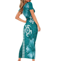 Teal Hibiscus Turle Family Matching Short Sleeve Bodycon Dress and Hawaiian Shirt Hawaiian Style Tribal Tapa Pattern LT9 - Polynesian Pride