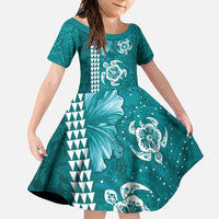 Teal Hibiscus Turle Family Matching Summer Maxi Dress and Hawaiian Shirt Hawaiian Style Tribal Tapa Pattern LT9 Daughter's Dress Teal - Polynesian Pride