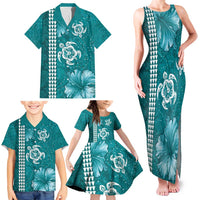 Teal Hibiscus Turle Family Matching Tank Maxi Dress and Hawaiian Shirt Hawaiian Style Tribal Tapa Pattern LT9 - Polynesian Pride