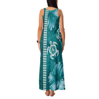 Teal Hibiscus Turle Family Matching Tank Maxi Dress and Hawaiian Shirt Hawaiian Style Tribal Tapa Pattern LT9 - Polynesian Pride