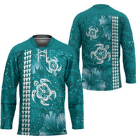 Teal Hibiscus Turle Hockey Jersey Hawaiian Style Tribal Tapa Pattern - Polynesian Pride