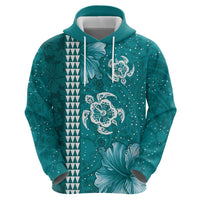 Teal Hibiscus Turle Hoodie Hawaiian Style Tribal Tapa Pattern