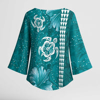 Teal Hibiscus Turle Kimono Sleeve Blouse Hawaiian Style Tribal Tapa Pattern LT9 - Polynesian Pride