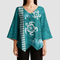 Teal Hibiscus Turle Kimono Sleeve Blouse Hawaiian Style Tribal Tapa Pattern LT9 - Polynesian Pride