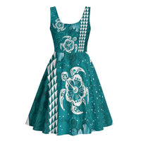 Teal Hibiscus Turle Midi Dress Hawaiian Style Tribal Tapa Pattern LT9 - Polynesian Pride