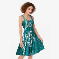 Teal Hibiscus Turle Midi Dress Hawaiian Style Tribal Tapa Pattern LT9 - Polynesian Pride