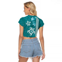 Teal Hibiscus Turle Raglan Cropped T Shirt Hawaiian Style Tribal Tapa Pattern