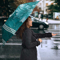 Teal Hibiscus Turle Umbrella Hawaiian Style Tribal Tapa Pattern - Polynesian Pride