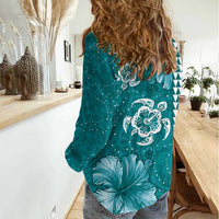 Teal Hibiscus Turle Women Casual Shirt Hawaiian Style Tribal Tapa Pattern
