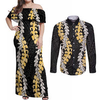 Puakenikeni and Maile Lei Couples Matching Off Shoulder Maxi Dress and Long Sleeve Button Shirt Black Double Strand Lei