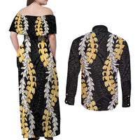 Puakenikeni and Maile Lei Couples Matching Off Shoulder Maxi Dress and Long Sleeve Button Shirt Black Double Strand Lei