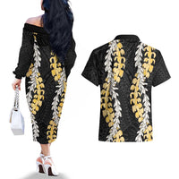 Puakenikeni and Maile Lei Couples Matching Off The Shoulder Long Sleeve Dress and Hawaiian Shirt Black Double Strand Lei LT9 - Polynesian Pride