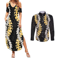 Puakenikeni and Maile Lei Couples Matching Summer Maxi Dress and Long Sleeve Button Shirt Black Double Strand Lei