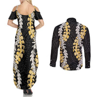 Puakenikeni and Maile Lei Couples Matching Summer Maxi Dress and Long Sleeve Button Shirt Black Double Strand Lei