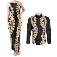 Puakenikeni and Maile Lei Couples Matching Tank Maxi Dress and Long Sleeve Button Shirt Black Double Strand Lei