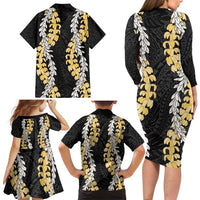 Puakenikeni and Maile Lei Family Matching Long Sleeve Bodycon Dress and Hawaiian Shirt Black Double Strand Lei LT9 - Polynesian Pride