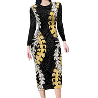 Puakenikeni and Maile Lei Family Matching Long Sleeve Bodycon Dress and Hawaiian Shirt Black Double Strand Lei LT9 Mom's Dress Black - Polynesian Pride