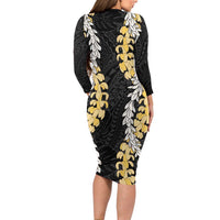 Puakenikeni and Maile Lei Family Matching Long Sleeve Bodycon Dress and Hawaiian Shirt Black Double Strand Lei LT9 - Polynesian Pride