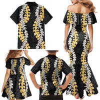 Puakenikeni and Maile Lei Family Matching Mermaid Dress and Hawaiian Shirt Black Double Strand Lei LT9 - Polynesian Pride