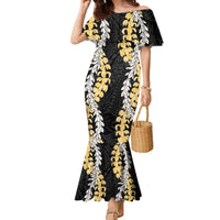 Puakenikeni and Maile Lei Family Matching Mermaid Dress and Hawaiian Shirt Black Double Strand Lei LT9 Mom's Dress Black - Polynesian Pride