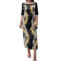 Puakenikeni and Maile Lei Family Matching Puletasi and Hawaiian Shirt Black Double Strand Lei