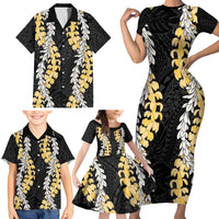 Puakenikeni and Maile Lei Family Matching Short Sleeve Bodycon Dress and Hawaiian Shirt Black Double Strand Lei LT9 - Polynesian Pride