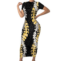 Puakenikeni and Maile Lei Family Matching Short Sleeve Bodycon Dress and Hawaiian Shirt Black Double Strand Lei LT9 Mom's Dress Black - Polynesian Pride