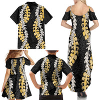 Puakenikeni and Maile Lei Family Matching Summer Maxi Dress and Hawaiian Shirt Black Double Strand Lei LT9 - Polynesian Pride
