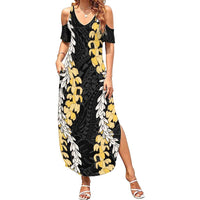 Puakenikeni and Maile Lei Family Matching Summer Maxi Dress and Hawaiian Shirt Black Double Strand Lei LT9 Mom's Dress Black - Polynesian Pride