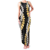 Puakenikeni and Maile Lei Family Matching Tank Maxi Dress and Hawaiian Shirt Black Double Strand Lei LT9 Mom's Dress Black - Polynesian Pride