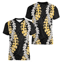 Puakenikeni and Maile Lei Women V-Neck T-Shirt Black Double Strand Lei