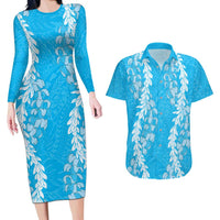 Puakenikeni and Maile Lei Couples Matching Long Sleeve Bodycon Dress and Hawaiian Shirt Blue Double Strand Lei LT9 Blue - Polynesian Pride