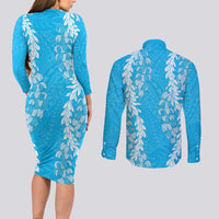Puakenikeni and Maile Lei Couples Matching Long Sleeve Bodycon Dress and Long Sleeve Button Shirt Blue Double Strand Lei