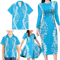 Puakenikeni and Maile Lei Family Matching Long Sleeve Bodycon Dress and Hawaiian Shirt Blue Double Strand Lei LT9 - Polynesian Pride