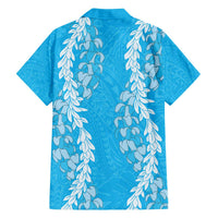 Puakenikeni and Maile Lei Family Matching Off The Shoulder Long Sleeve Dress and Hawaiian Shirt Blue Double Strand Lei LT9 - Polynesian Pride