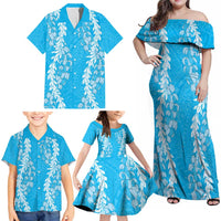 Puakenikeni and Maile Lei Family Matching Off Shoulder Maxi Dress and Hawaiian Shirt Blue Double Strand Lei LT9 - Polynesian Pride