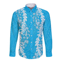 Puakenikeni and Maile Lei Long Sleeve Button Shirt Blue Double Strand Lei
