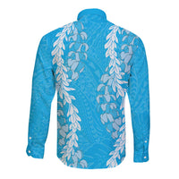 Puakenikeni and Maile Lei Long Sleeve Button Shirt Blue Double Strand Lei