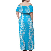Puakenikeni and Maile Lei Off Shoulder Maxi Dress Blue Double Strand Lei