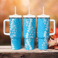 Puakenikeni and Maile Lei Tumbler With Handle Blue Double Strand Lei
