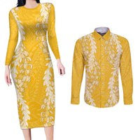 Puakenikeni and Maile Lei Couples Matching Long Sleeve Bodycon Dress and Long Sleeve Button Shirt Gold Double Strand Lei