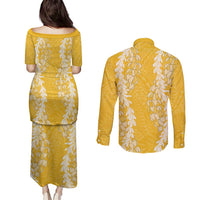 Puakenikeni and Maile Lei Couples Matching Puletasi and Long Sleeve Button Shirt Gold Double Strand Lei