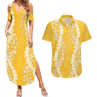 Puakenikeni and Maile Lei Couples Matching Summer Maxi Dress and Hawaiian Shirt Gold Double Strand Lei
