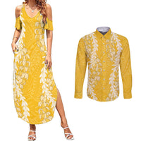 Puakenikeni and Maile Lei Couples Matching Summer Maxi Dress and Long Sleeve Button Shirt Gold Double Strand Lei