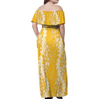 Puakenikeni and Maile Lei Family Matching Off Shoulder Maxi Dress and Hawaiian Shirt Gold Double Strand Lei LT9 - Polynesian Pride