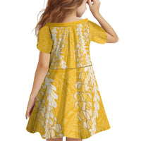 Puakenikeni and Maile Lei Family Matching Off Shoulder Short Dress and Hawaiian Shirt Gold Double Strand Lei LT9 - Polynesian Pride