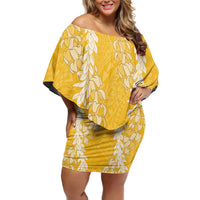 Puakenikeni and Maile Lei Family Matching Off Shoulder Short Dress and Hawaiian Shirt Gold Double Strand Lei LT9 Mom's Dress Gold - Polynesian Pride