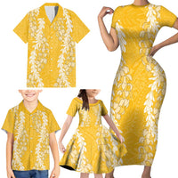 Puakenikeni and Maile Lei Family Matching Short Sleeve Bodycon Dress and Hawaiian Shirt Gold Double Strand Lei LT9 - Polynesian Pride