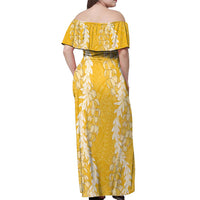 Puakenikeni and Maile Lei Off Shoulder Maxi Dress Gold Double Strand Lei