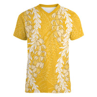Puakenikeni and Maile Lei Women V-Neck T-Shirt Gold Double Strand Lei
